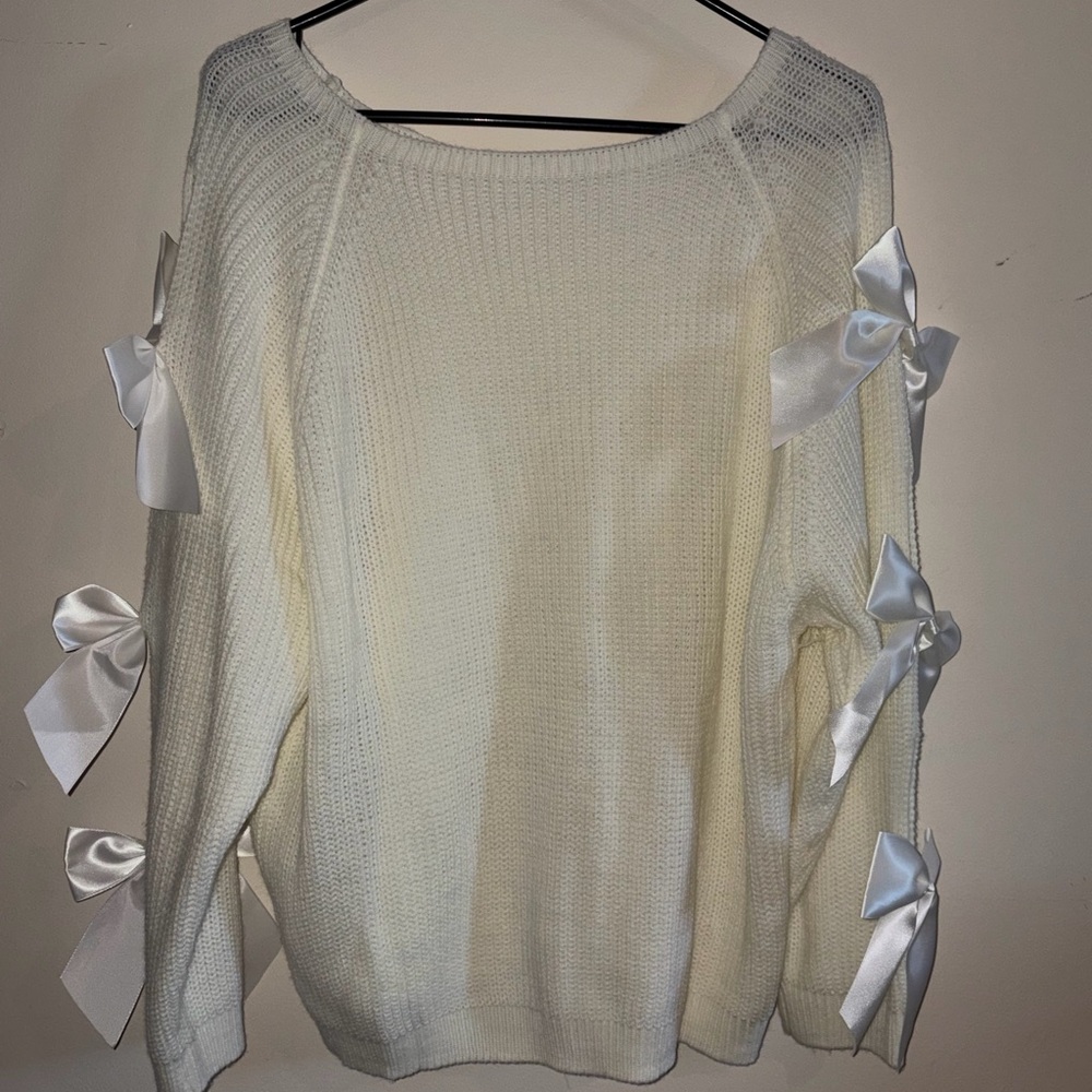 SHEIN Cream Sweater with Ribbon Accents